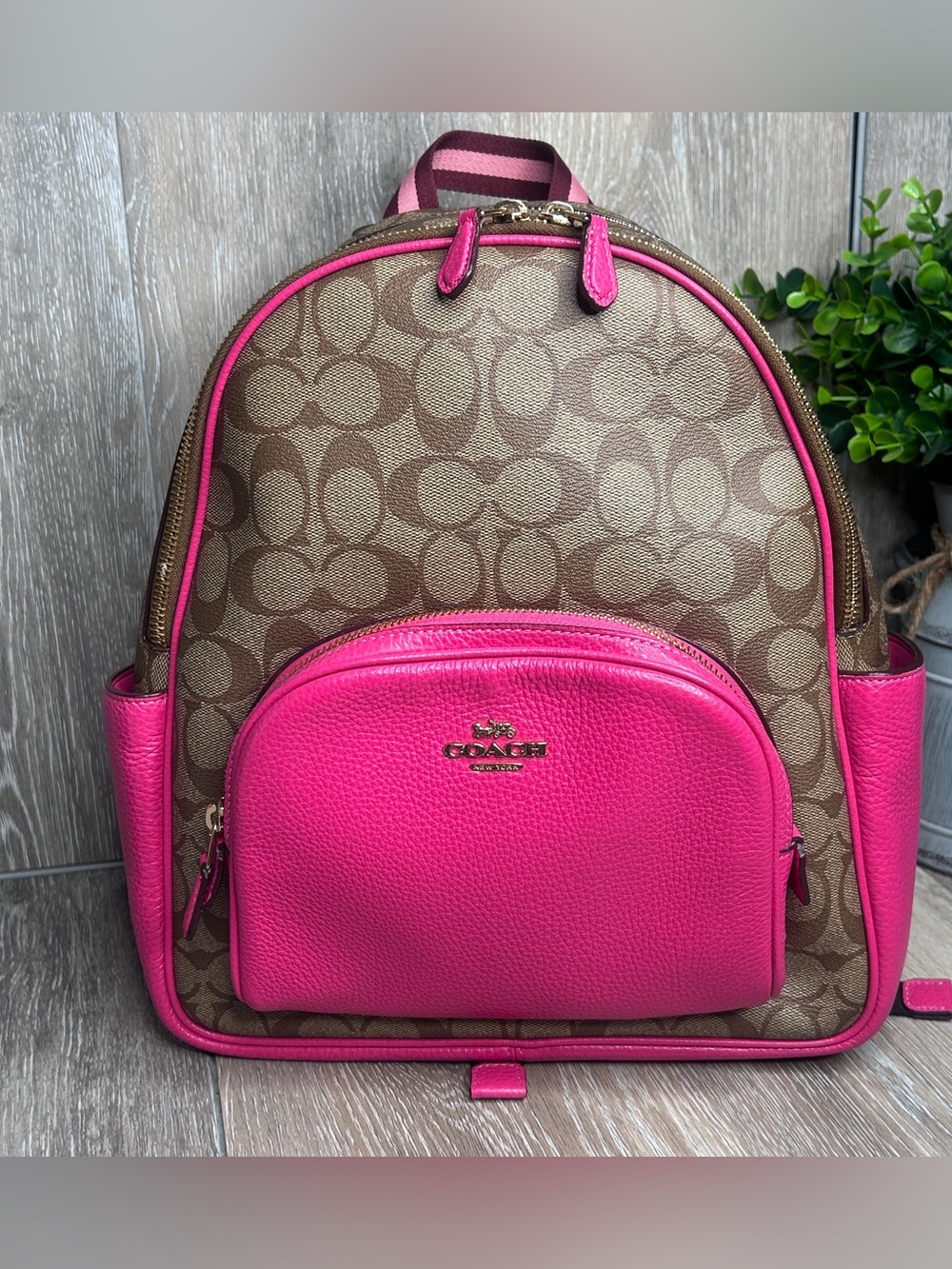 Coach Signature Monogram Pink Leather Trim Backpack – Gold Hardware – Medium